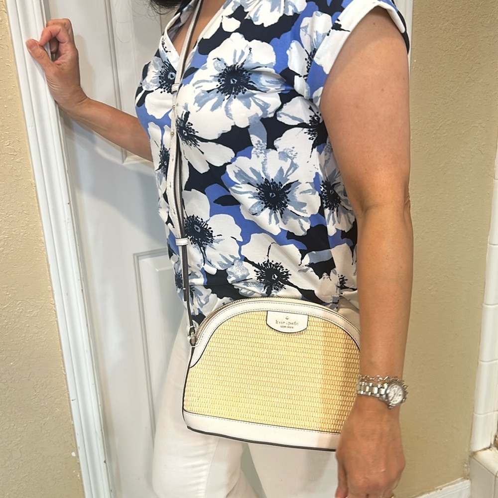 Kate Spade Sylvia Straw Dome Crossbody Bag with white leather trim